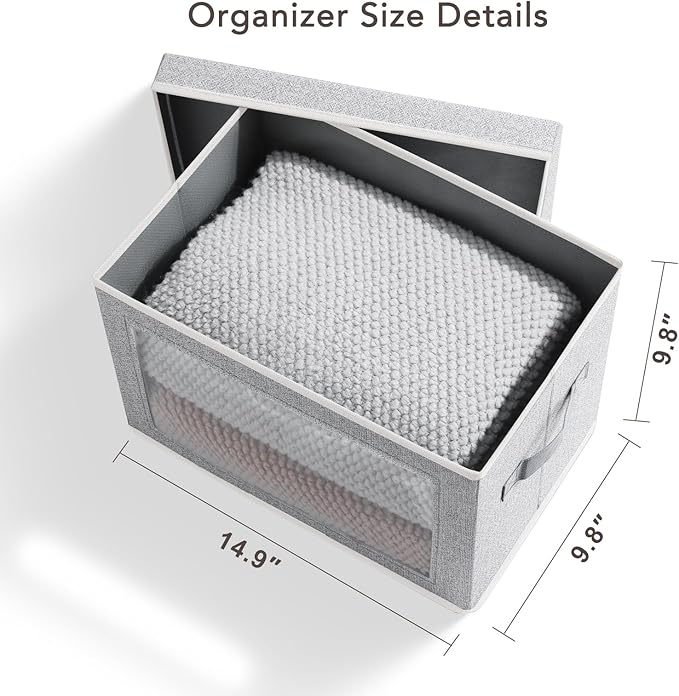 Storage Box with Lids - 5 Pack Foldable Clear Window Storage Bins, Large Decorative Storage Bins with Handles, Storage Containers for Clothes, Towel, Blanket, Sheet, Light Grey