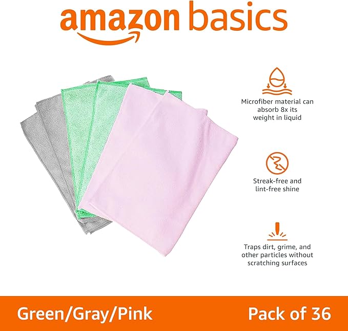 Amazon Basics Microfiber Cleaning Cloths, Non-Abrasive, Reusable and Washable, Pack of 36, Green/Gray/Pink, 16" x 12"