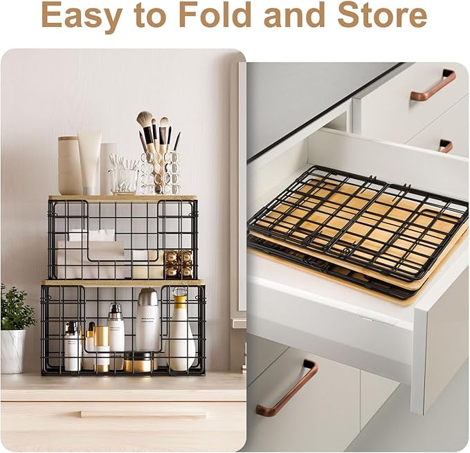 2 Pack Trash Bag Dispenser Under Sink, Trash Bag Holder with Bamboo Top, Garbage Bag Dispenser, Storage Stackable for Kitchen Laundry Organizers Countertop Organization Black