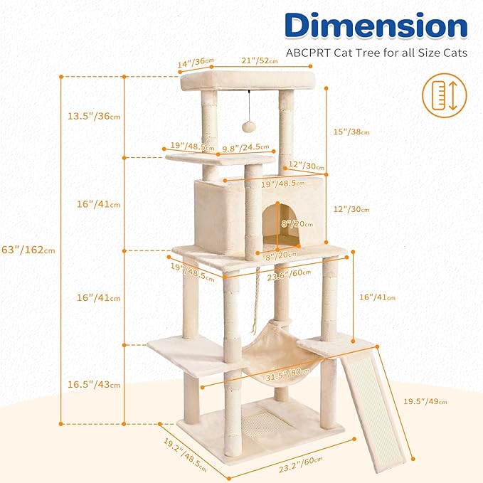 Cat Tree Tower 63in Multi-Level Cat Tower for Indoor Cats with Sisal Scratching Posts, Condo, Hammock, Dangling Ball and Extended Platform for Cats to Play, Beige