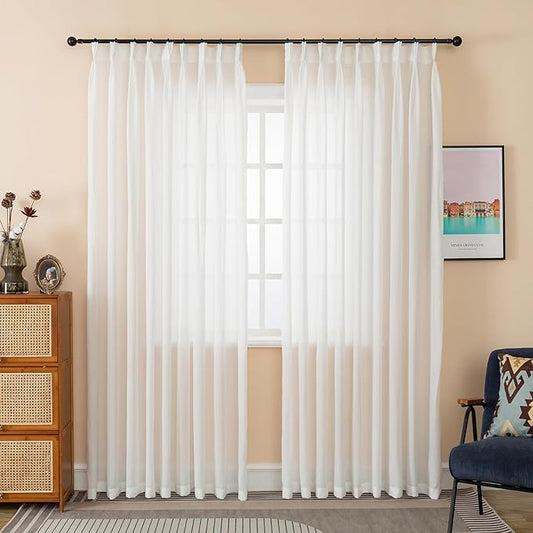102 Inches Long Pinch Pleated Curtains White Semi Sheer Light Filtering Window Curtains for Living Room Bedroom 1 Panel Sliding Glass Door for Pinch Pleat Drapes, W52 x L102