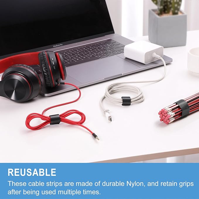 200 PCS 8 Inches Reusable Cable Ties | Adjustable Cord Wraps, Cable Straps | Hook & Loop Cord Organizer, Cable Management