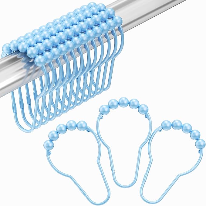 Amazer Shower Curtain Hooks, Decorative Shower Curtain Hooks Rust-Resistant Stainless Steel Glide Shower Hooks for Bathroom Set of 12, Light Blue