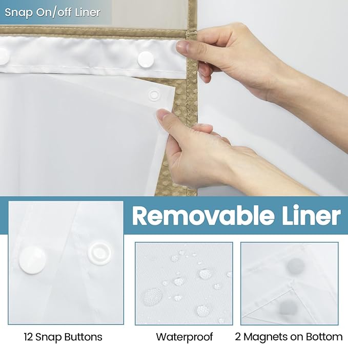 Beige Long No Hook Shower Curtain with Snap in Liner,230GSM Waffle Weave Shower Curtains for Bathroom,71W x 86H