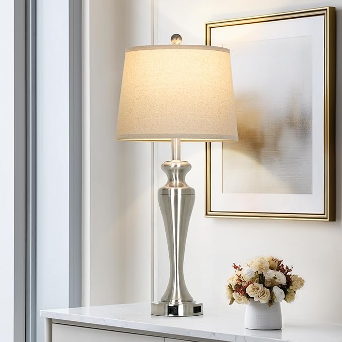 30 Inch Single Silver Table Lamp, 3-Way Dimmable Touch Bedroom Lamp with USB A+C Ports and AC Outlet, Modern Metal Brushed Nickel Living Room Lamp, Bedside Lamp for Nightstand Guest Room End Table