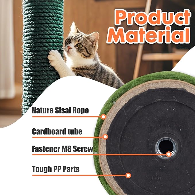 PowerKing Natural Sisal Replacement Scratching Post, 15.7'' 2 Pieces M8 Cat Scratch Post Refill Pole Parts for Refurbishment, Include Screws (Green)