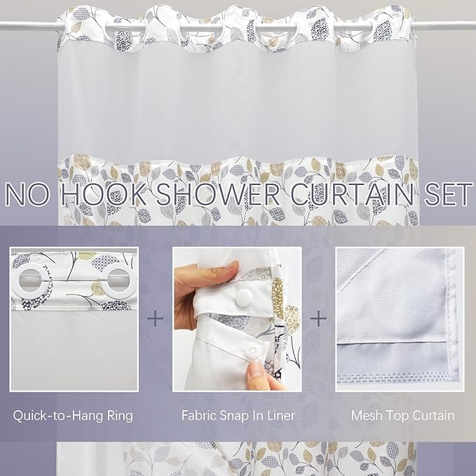 VIUOON No Hook Shower Curtain with Snap-in Fabric Liner Set, Double Layers Heavy Duty Fabric Small Leaf Pattern Bathroom Curtain with See Through Top, Hotel Grade, Machine Washable, 71Wx74L