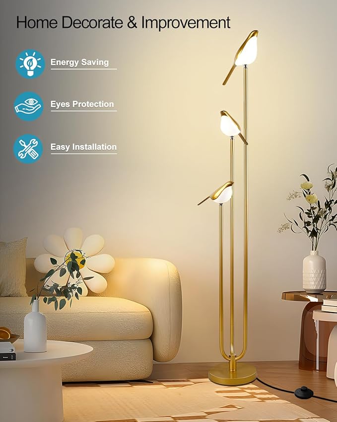 Lightdot Gold Floor Lamp for Living Room Modern Mid Century Standing Light with 3 Adjustable LED Bird Lights for Wedding Party Unique Candle Holder Style Tall Floor Lamp for Bedroom Kids Room
