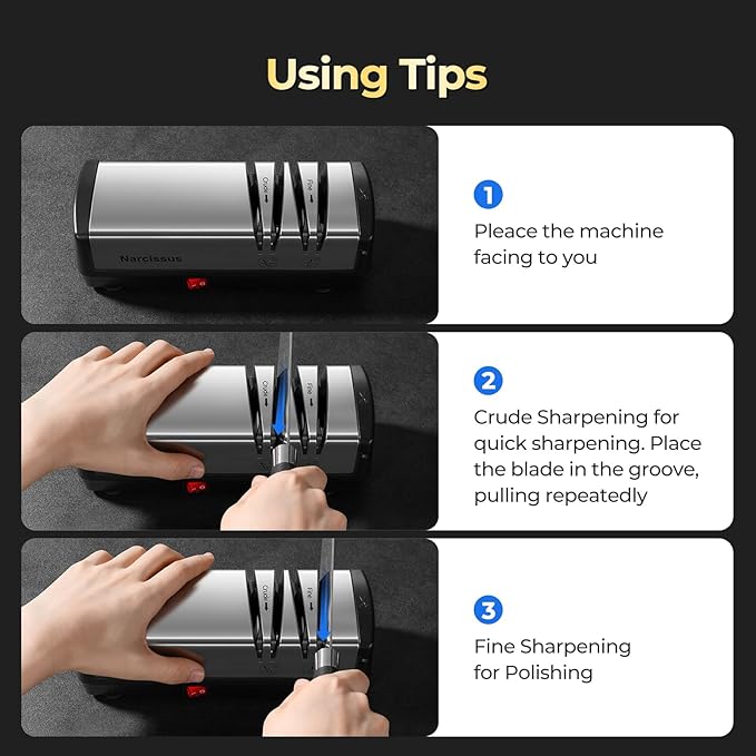 Narcissus Knife Sharpener, Diamond Abrasives Electric Knife Sharpener for Stainless Steel and Ceramic Knives, with Scissors Sharpener & Metal Dust Collection Box, Quick Sharpening & Polishing, Silver