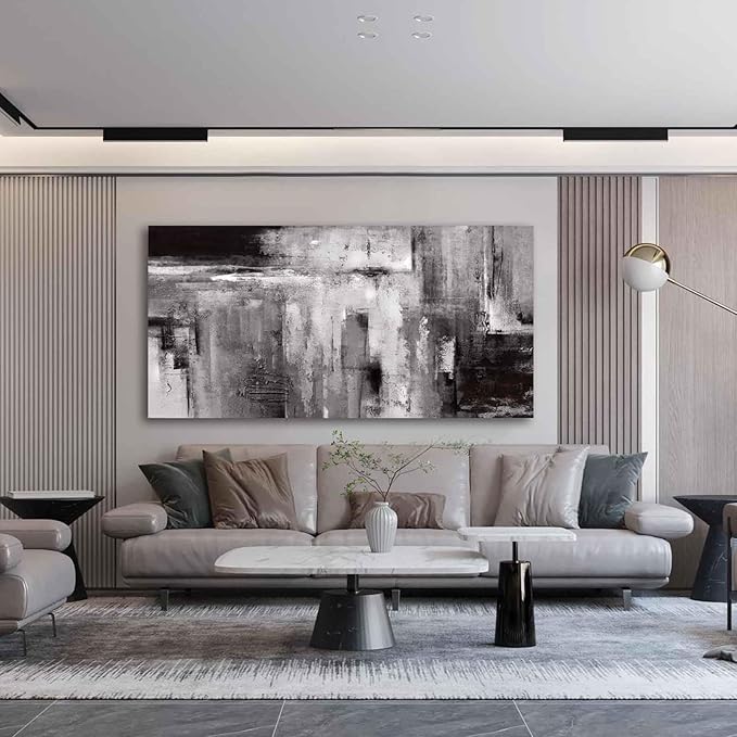XIANSHOU Black Abstract Wall Art Living Room Decor Painting 29"x 58" White Abstract Graffiti Wall Decorations for Bedroom Kitchen Dining Room Office
