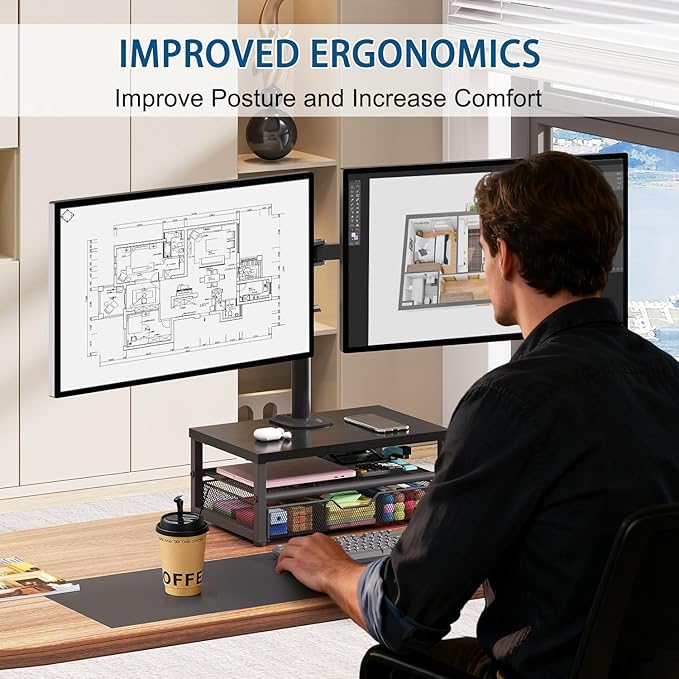 Dual Monitor Stand with Desk Organizer, Heavy Duty VESA Dual Monitor Arm Mount for 13″-27″ Computer Screens, Free-Standing Monitor Arms for 2 Monitors, Adjustable Height Angle, Loads 20Lbs/Arm, Black