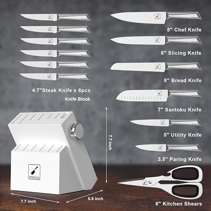 imarku 14-Piece Knife Set with Block, Built-in Sharpener, High Carbon Stainless Steel Kitchen Knives, Dishwasher Safe, Rust Resistant, Non-Slip Handle – Gift for Home Cooks & Chefs, White