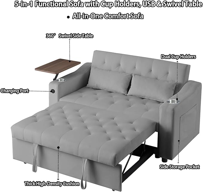 53'' Convertible Sleeper Sofa Bed with Adjustable Backrest, Chaise Lounge, Side Table & Two Pillows – Stylish & Functional Addition to Any Living Room (Modern Grey)