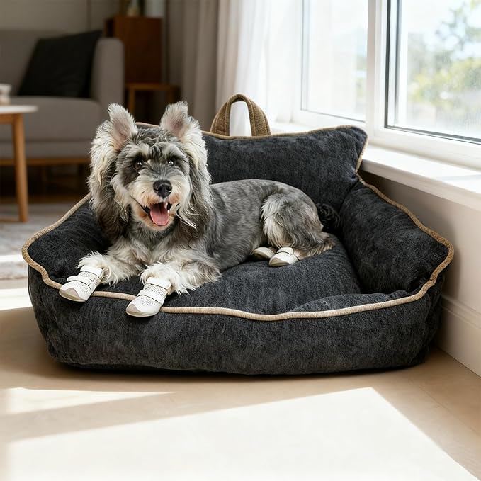 Small Dog Bed, Washable Pet Bed with Removable Cover, with Sides, Carry Handle & Side Pockets .Plush Chenille Orthopedic Pet Bed Couch for Small Breed Dogs & Cats .Calming