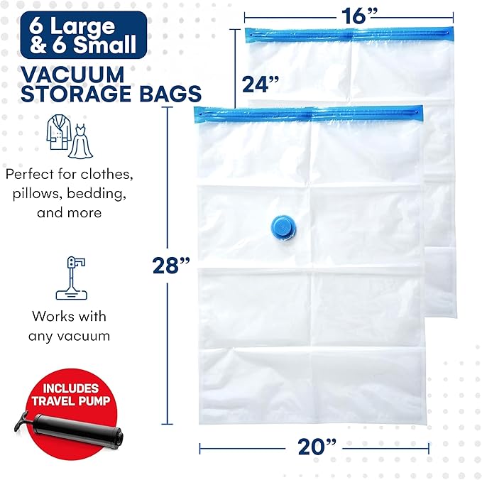 12 Pack Variety Vacuum Storage Bags for Comforters, Blankets & Clothes – Vacuum Sealed Compression Bags with Hand Pump – Space Saver Storage Bags for Bedding, Moving, Travel & Organization (6S & 6L)
