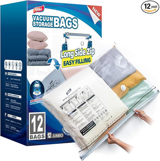 TAILI 12 Pack Vacuum Storage Bags, LONG SIDE ZIP (39x28 inch) Vacuum Seal Bags for Clothing, Jumbo Storage Space Saver for Beddings, Comforters, Blanket, Pillows and Clothes