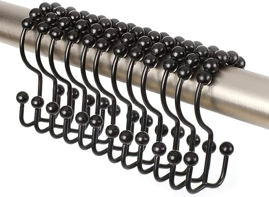 2lbDepot Double Shower Curtain Hooks Rings (Matte Black Decorative Finish) Premium Rust Resistant Stainless Steel Metal Hook, Roller Balls Glide on Shower Rods, Set of 12 Pieces