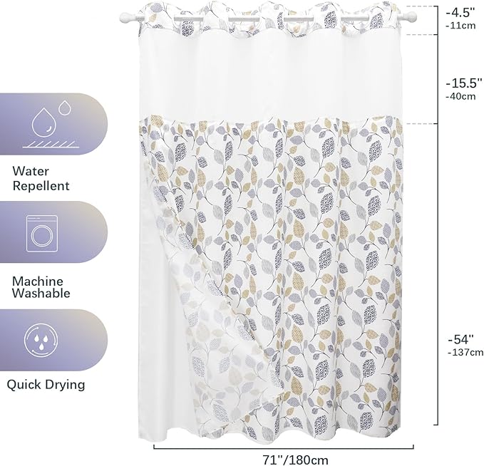 VIUOON No Hook Shower Curtain with Snap-in Fabric Liner Set, Double Layers Heavy Duty Fabric Small Leaf Pattern Bathroom Curtain with See Through Top, Hotel Grade, Machine Washable, 71Wx74L
