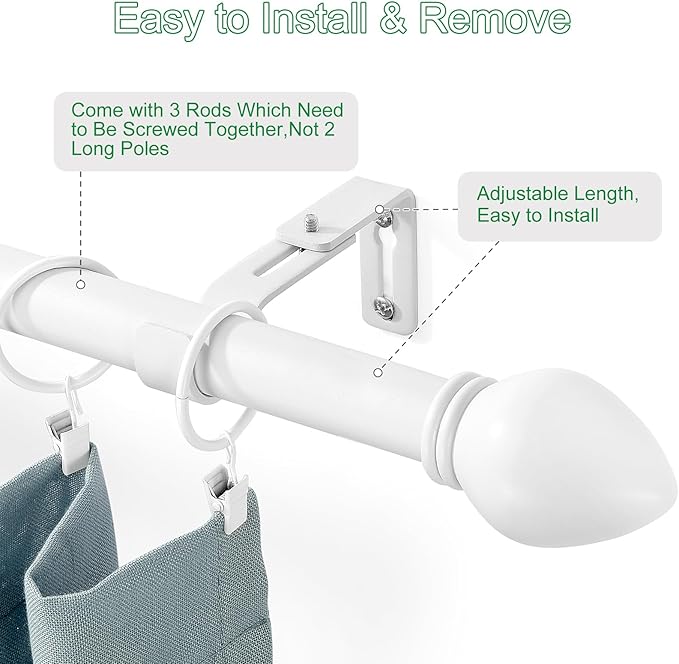 Curtain Rods for Windows 16 to 48 inches, Curtain Rod Max Adjustable Length to 60 in, Drapery Rod 1 inch Diameter with Modern Knobs Finials (White, 16" to 48" - Set of 1)