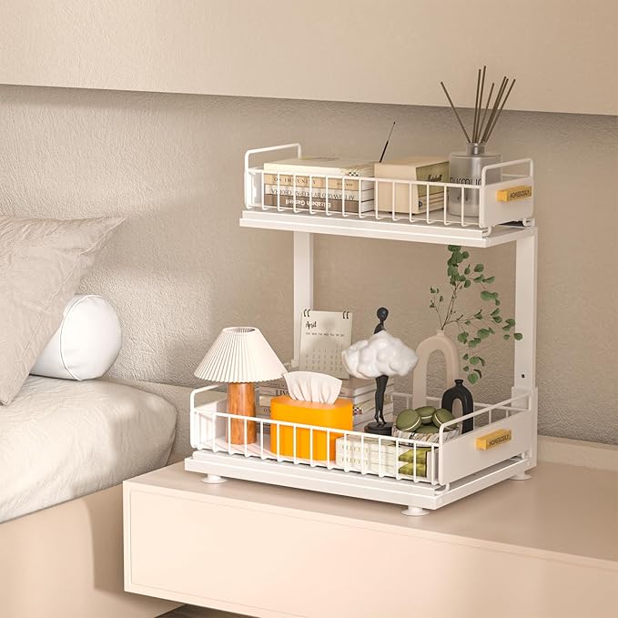 Under Sink Organizer Kitchen, Pull Out Cabinet Organizer 2 Tier Slide Out Sink Shelf Cabinet Storage Shelves, Under Sink Storage for Kitchen Bathroom Cabinet, White, 1 Pack