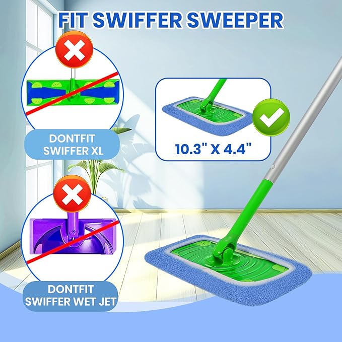 6 Pack Reusable Microfiber Mop Pads - Compatible with Sweeper, Reusable Mop Pads, Washable Dry Cloths & Wet Pads Refill for Hardwood Laminate Tile Floor Cleaning (Blue, M)