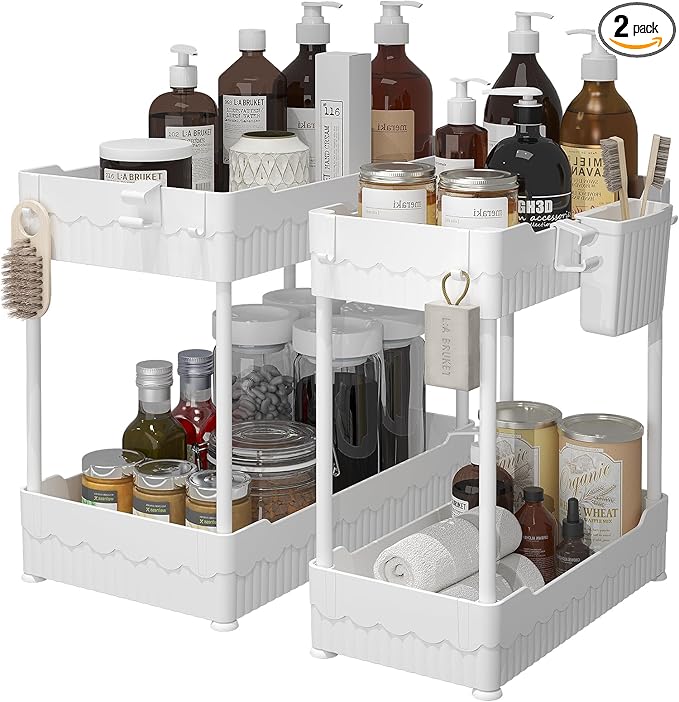 2 Pack Under Sink Organizer, Under Bathroom Cabinet Organizer with Hooks Hanging Cup, Multi-Purpose Storage Shelf for Kitchen Bathroom (White, XL)