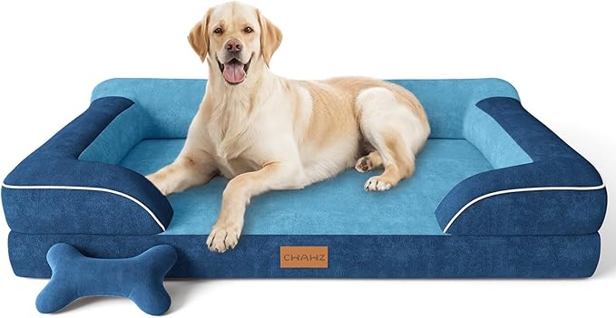 Jumbo Dog Bed for Extra Large Dogs, Orthopedic Dog Bed with Cooling Gel Memory Foam, Waterproof Pet Bed with Removable Washable Cover, 45" Pet Sofa Couch Dutch Velvet with Bone Toy, Navy Blue