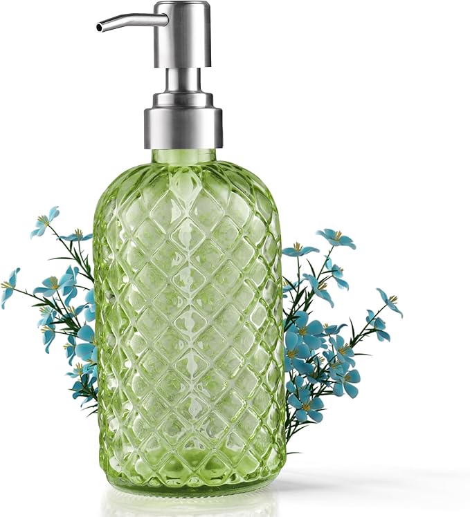 14 Oz Refillable Glass Soap Dispenser with Rust Proof Stainless Steel Pump, for Dispense Hand soap, Body wash, Lotion (Green)