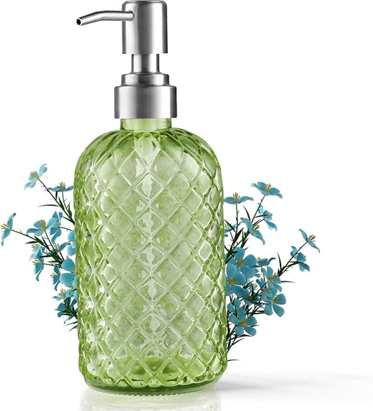 14 Oz Refillable Glass Soap Dispenser with Rust Proof Stainless Steel Pump, for Dispense Hand soap, Body wash, Lotion (Green)
