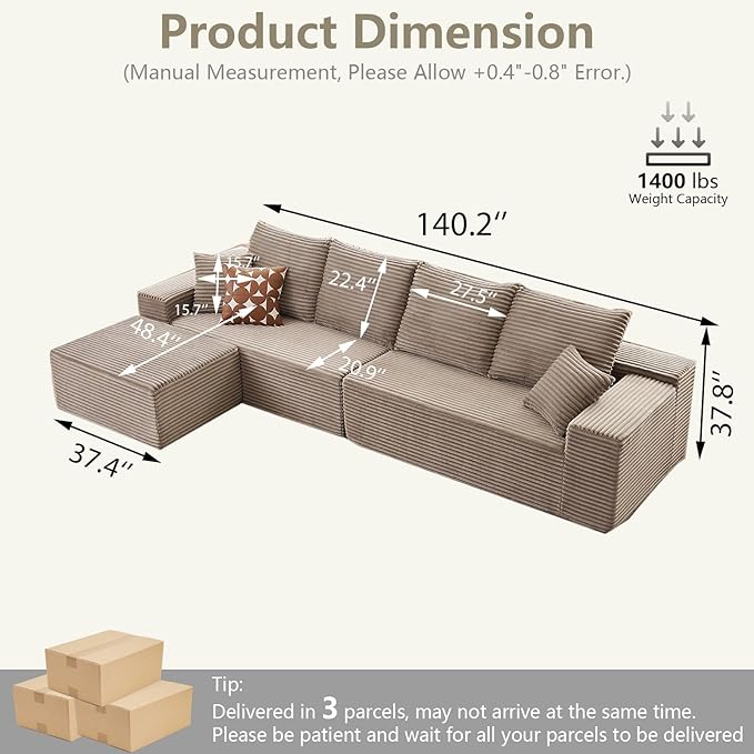 140" L Shaped Cloud Sectional Couch for Living Room, Modular Floor Deep-Seat Sofa, Big Comfy Corduroy Couches Set with Fluffy Memory Foam for Living Room Bedroom, No Assembly Required, Camel