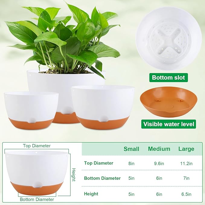 8/8/10/12 Inch Pots for Indoor Plants, 4 Pack Large Self Watering Planters with Drainage and Saucers, Plastic Outdoor Flower Pot(White)