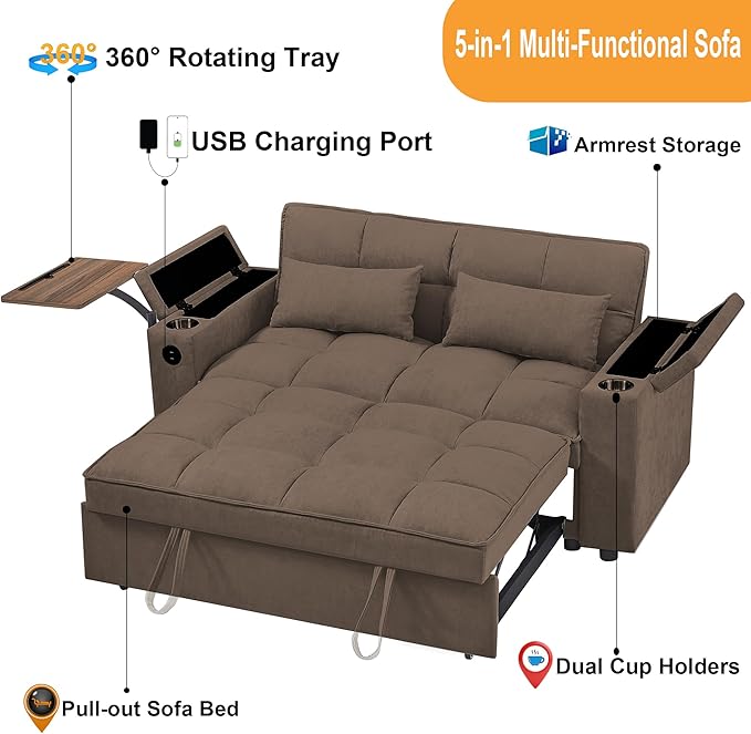 65'' Convertible Sleeper Sofa Bed with Adjustable Backrest, Chaise Lounge, Side Table & USB/Type-C Ports – Stylish & Functional Addition to Any Living Room (Light Grey-1)