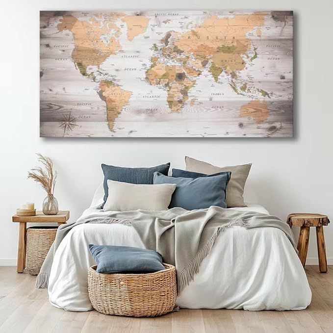 canvas Wall Art 20“x40 lagre map of the world Painting Ready to Hang Framed World Map Artwork Prints for Home