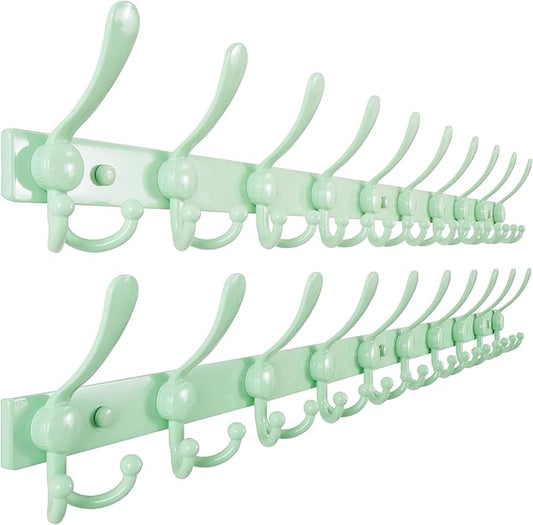 Dseap MaxStrong 2.0 Coat Rack Wall - 37” Long 10 Tri Hooks - Ultra Heavy-Duty Stainless Steel Wall Mount Coat Hanger, Hook Rail for Clothes Hats Jacket Towels Green, Pack of 2