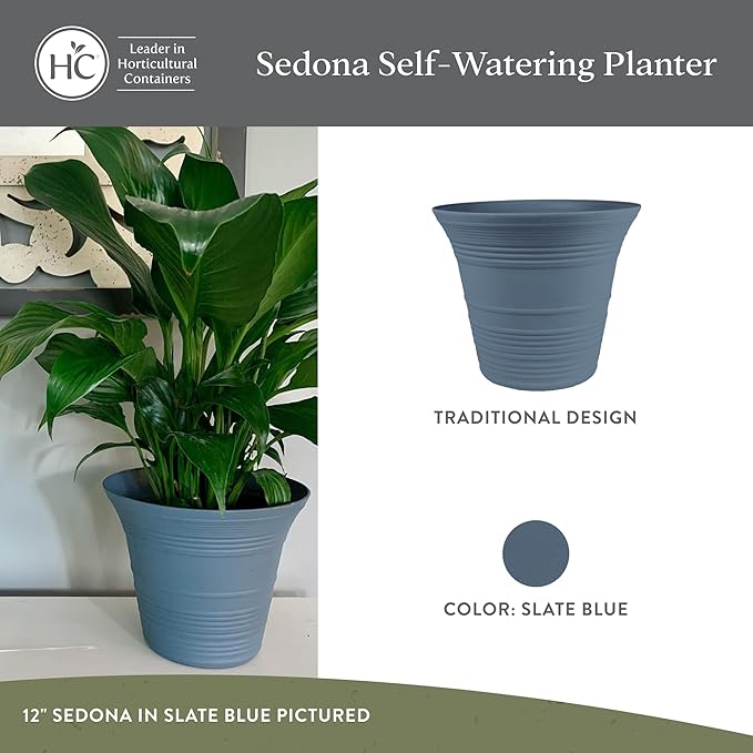 The HC Companies 7 Inch Sedona Round Self Watering Planter Pots, Lightweight UV-Resistant Plastic Outdoor Planters, 4-Pack Flower Pots for Garden & Home Decor, Slate Blue