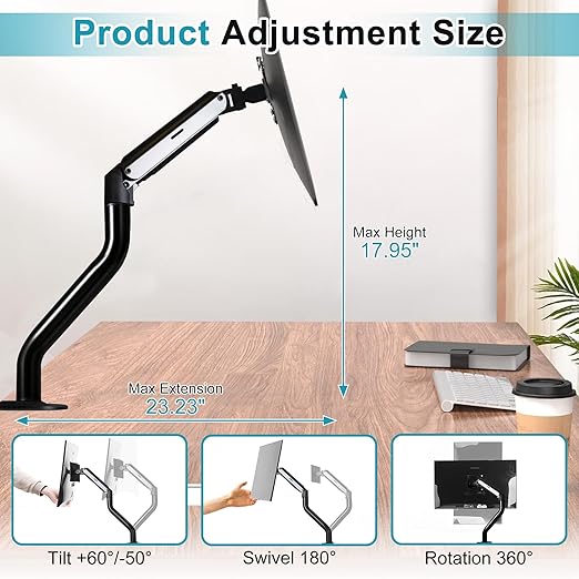 Lyngins Monitor Desk for 15 to 27 Inch Screens Computer Monitor Stand for Desk, VESA Mounting Holes 75 and 100mm, Stand Up to 26.4lbs Monitor Wall Mount, (Black, Single+Dual)
