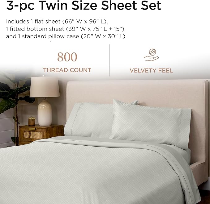 Threadmill Twin Sheets for Twin Mattress | 800 Thread Count Jacquard Celine Light Grey Sheet | 100% Cotton 3 Piece Bed Sheets | Extra Long Staple Cotton | Cotton Sheets with Elasticized Deep Pocket