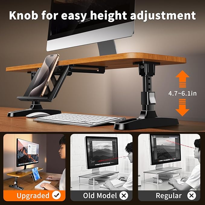 Wooden Monitor Stand Riser for Desk,Adjustable Height Monitor Shelf Riser with Phone Holder,Desk Storage Organizer Accessories,Wood Computer Screen Stands for Office,Home,Laptop,Printer,TV