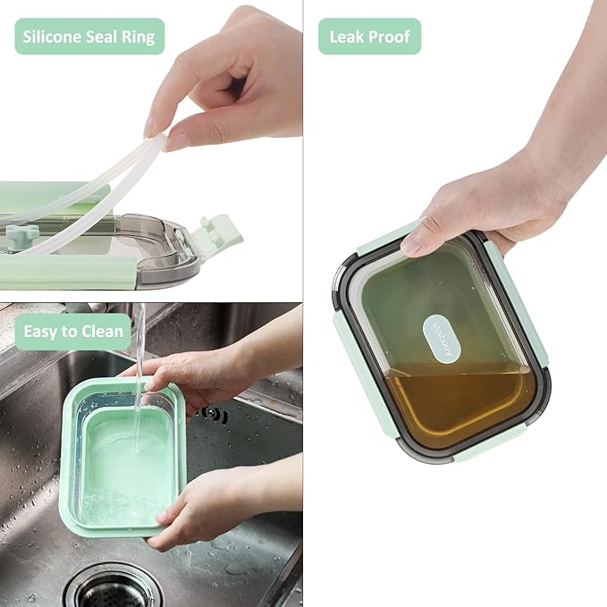 Collapsible Food Storage Containers with Lid & Air Vent, Clear Stacking Silicone Collapsible Food Container Set, Microwave Freezer Dishwasher Safe Space-Saver, Set of 4, Mint Green