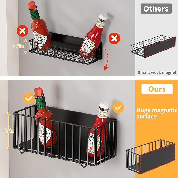 1 Pack Heavy-Duty Magnetic Spice Rack for Refrigerator, 10lbs Capacity, Foldable Organizer Basket with 4.3" Enhanced Height for Large Bottles or Heavy Items, Spices, Kitchen(1 Pack)
