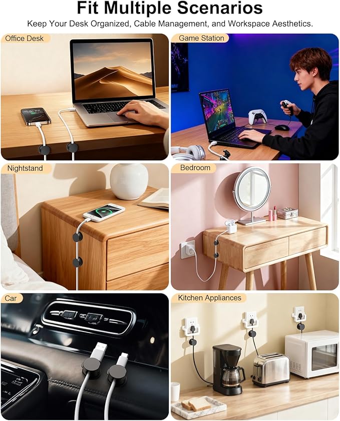 OneLeaf 8 Pack 360° Rotatable Strong Magnetic Cable Clips Cord Holder for Nightstand, 1s Lock Phone Charger Holder, Adhesive Magnetic Cord Clips for Home/Office/Car/Game Station, Smooth Adjustable