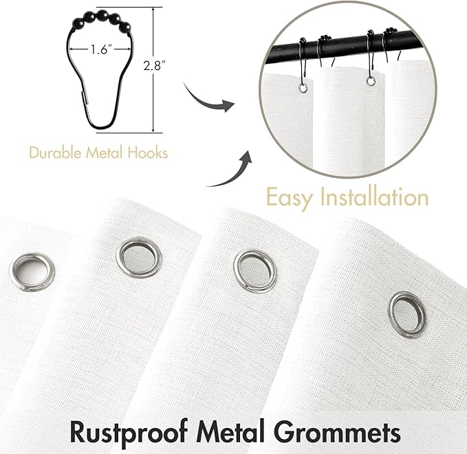 MIULEE Linen Shower Curtain with 12 Metal Hooks Modern Heavy Duty Washable Fabric Shower Curtain Set Waterproof Thick Cloth Shower Curtains for Bathroom Bathtub Washable, W72*L72, White