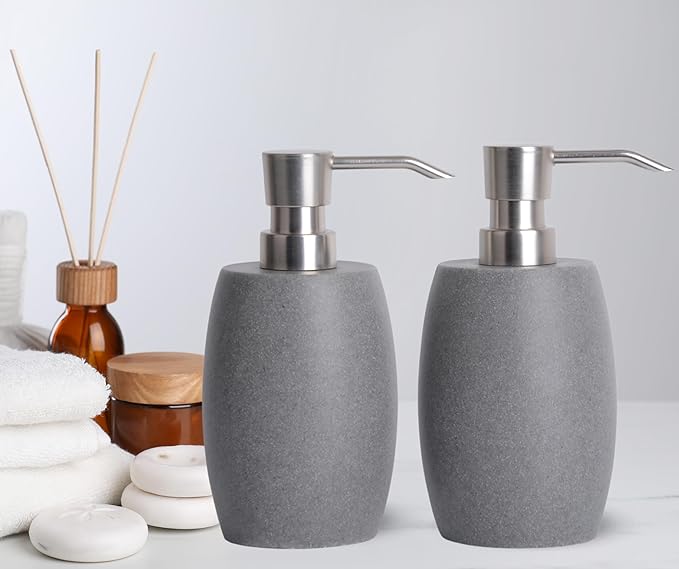 Sandstone Textured Resin Soap Dispenser with Metallic Pump and Waterproof Bottle Labels for Bathroom Kitchen Dish Hand Wash Shower Lotion Shampoo, 12 Oz, 2 Sets Gray