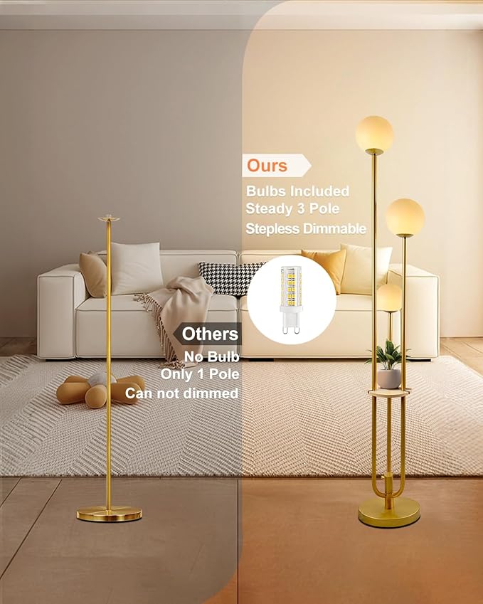 Lightdot LED Floor Lamp Dimmable Gold Globe Floor Lamps with Shelf Mid Century Modern Standing Lamp for Bedroom Living Room Home Office-Candle Holder Style Soft Eye-Caring