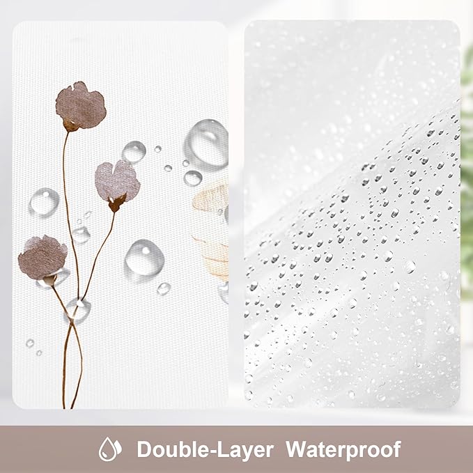 Gibelle 3 in 1 Shower Curtain Set, Brown Watercolor Floral Bath Curtain and PEVA Liner Set with 12 Double Sided Steel Hooks, Waterproof Fabric Bathroom Curtain 72x72