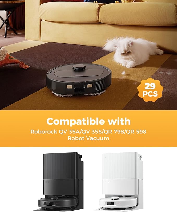 Yivy 29PCS Replacement Kit for Roborock QV 35A/QV 35S/QR 598/QR 798 Robot Vacuum Cleaner.2 Main Brushes 6 Dust Bags 4 HEPA Filters 6 Side Brushes 8 Mop Pads 1 Tank Brush 1 Brush 1 Screwdriver