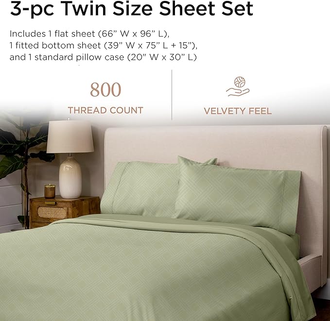 Threadmill Twin Sheets for Twin Mattress | 800 Thread Count Jacquard Celine Sage Green Sheets | 100% Cotton 3 Piece Bed Sheets | Extra Long Staple Cotton | Cotton Sheet with Elasticized Deep Pocket