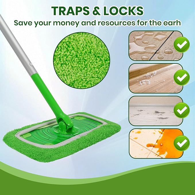 6 Pack Reusable Microfiber Mop Pads - Compatible with Sweeper, Reusable Mop Pads, Washable Dry Cloths & Wet Pads Refill for Hardwood Laminate Tile Floor Cleaning (Green, M)