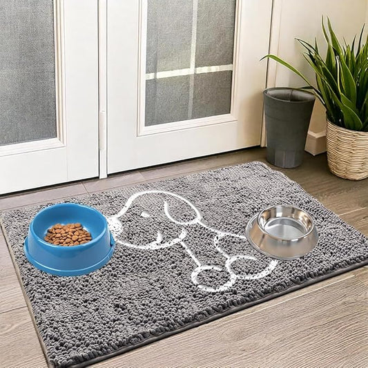 Muddy Mat® Lazy Dog Door Embroidery Mat Super Absorbent Microfiber Indoor Outdoor mat for Muddy Paws, Non-Slip Washable Pet Rug, Quick Dry Chenille Entryway Carpet, Machine Washable – Grey 19”x30”