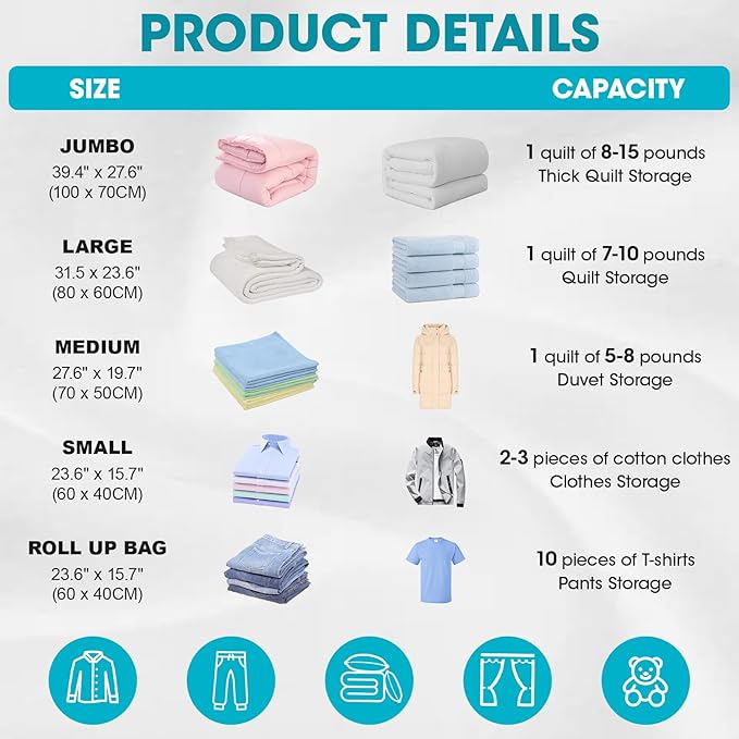 15 Pack Vacuum Storage Bags with Electric Pump, Compression Space Saver Vacuum Seal Bags 3 Jumbo/3 Large/3 Medium/3 Small/3 Roll Up Bags for Clothing Travel Comforters Blankets Pillows Bedding Duvets